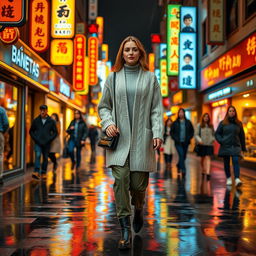 A stylish beauty woman aged 35-45 walks down a Ginzha street adorned with warm glowing neon lights and animated city signage