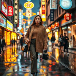 A stylish beauty woman aged 35-45 walks down a Ginzha street adorned with warm glowing neon lights and animated city signage