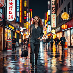 A stylish beauty woman aged 35-45 walks down a Ginzha street adorned with warm glowing neon lights and animated city signage