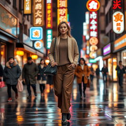 A stylish beauty woman aged 35-45 walks down a Ginzha street adorned with warm glowing neon lights and animated city signage