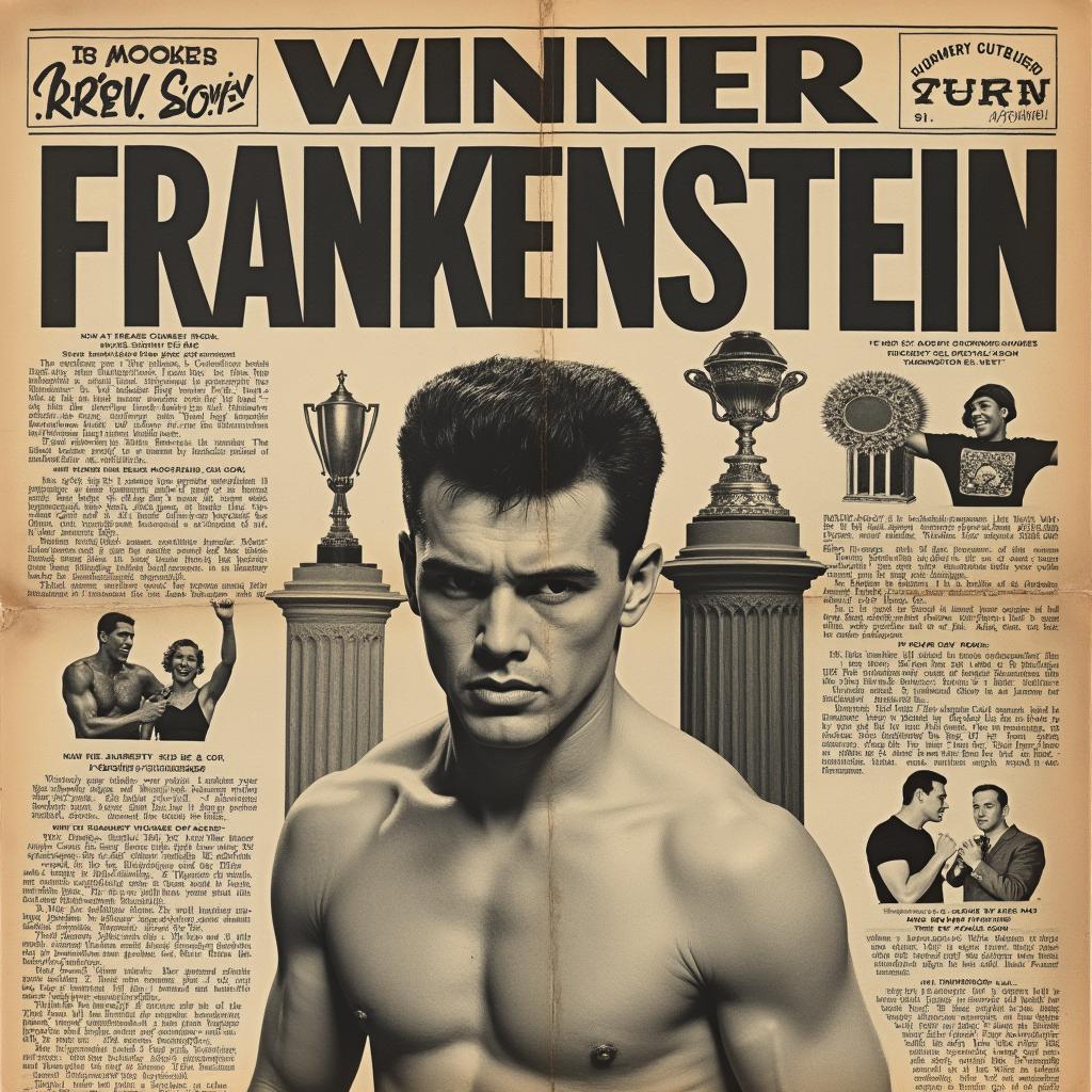 A vintage 1950s newspaper clipping showcasing a boxing championship winner named Frankenstein, featuring bold, stylized headlines and captions