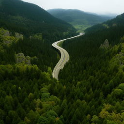 A frontal view of a long freeway, gracefully winding its way through a densely forested landscape with colossal, moss-covered boulders lining its sides.