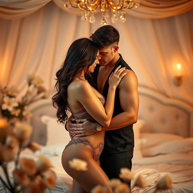 A sensual scene depicting a couple in an intimate embrace, the focus on their chemistry and connection