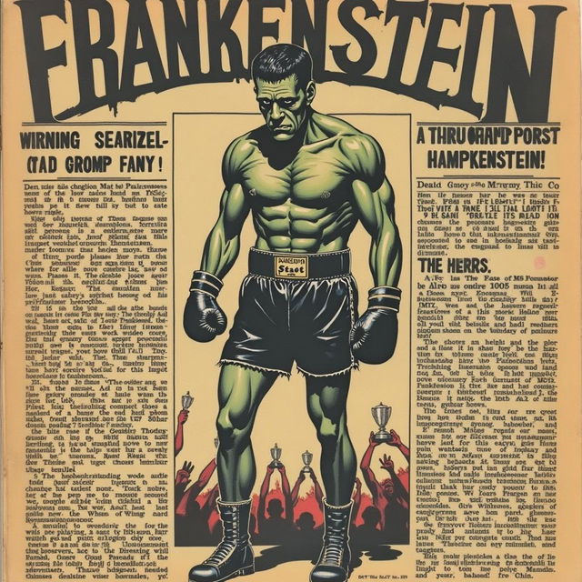 A vintage 1950s newspaper clipping showcasing a boxing championship winner named Frankenstein, depicted as described in the original Frankenstein novel