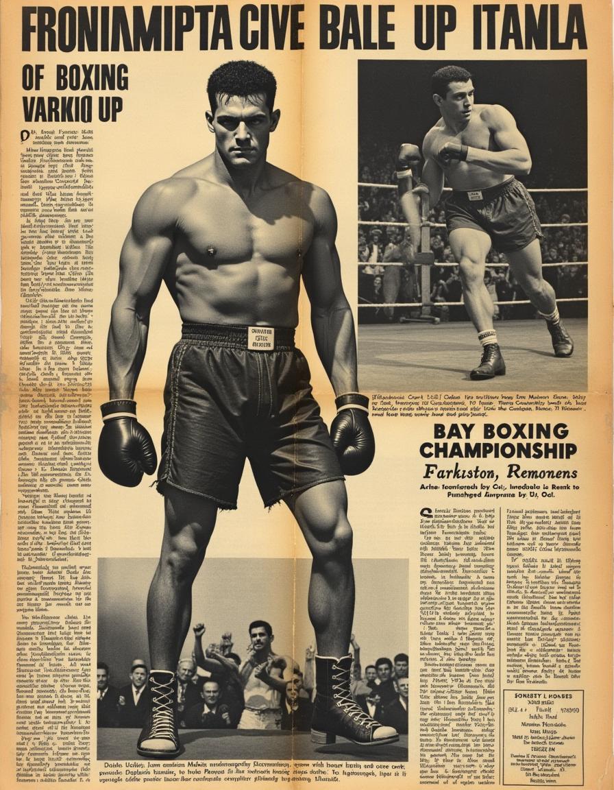 A vintage 1950s newspaper clipping announcing the boxing championship winner named Frankenstein, illustrated as described in the original Frankenstein novel