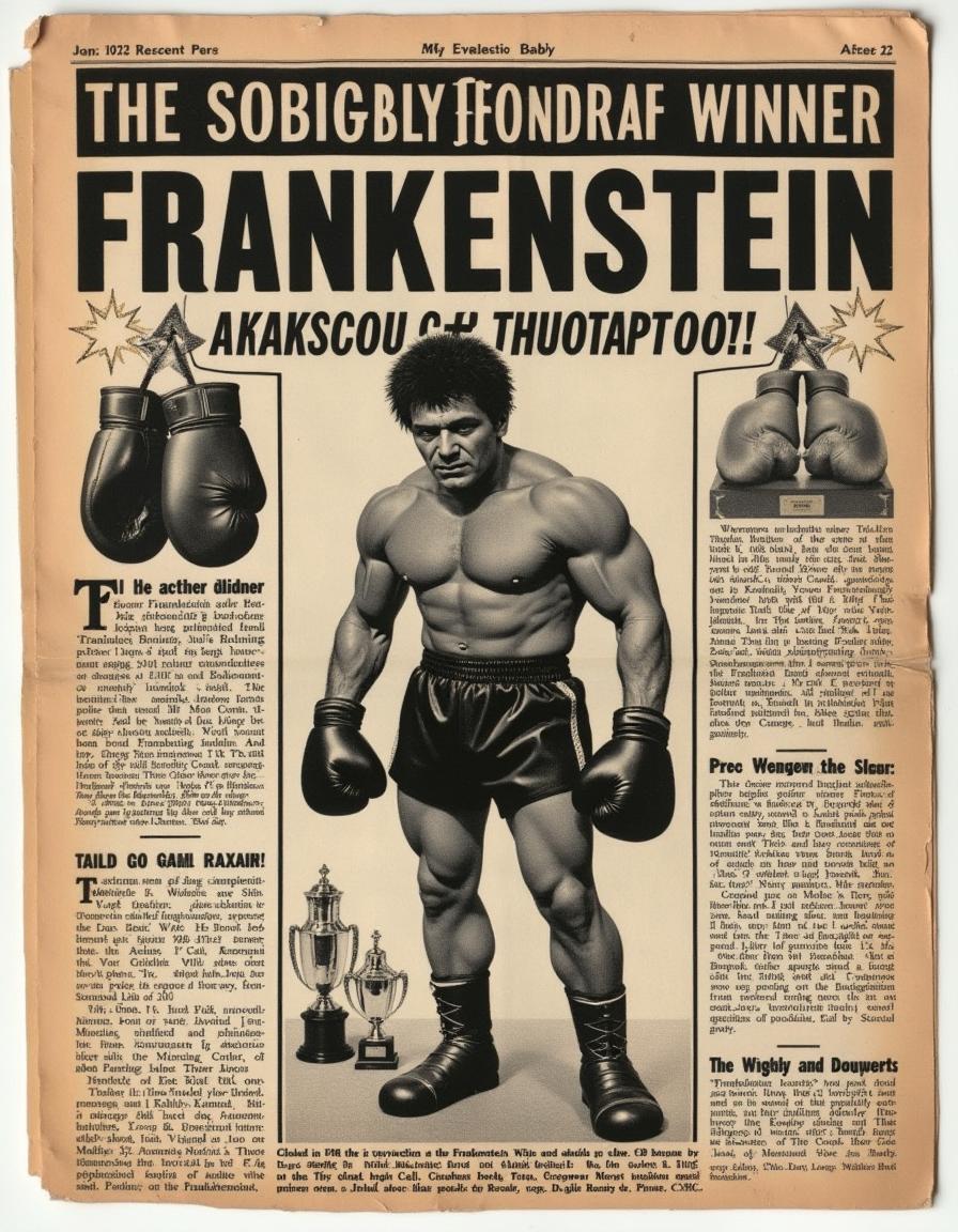 A vintage 1950s newspaper clipping announcing the boxing championship winner, Frankenstein, portrayed as described in the original Frankenstein novel