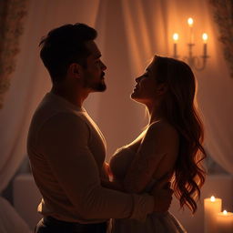 A sensual and intimate scene depicting two adults embracing in a romantic setting, soft candlelight illuminating their silhouettes as they share a passionate kiss