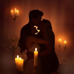 A sensual and intimate scene depicting two adults embracing in a romantic setting, soft candlelight illuminating their silhouettes as they share a passionate kiss