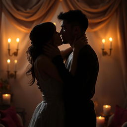 A sensual and intimate scene depicting two adults embracing in a romantic setting, soft candlelight illuminating their silhouettes as they share a passionate kiss