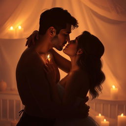 A sensual and intimate scene depicting two adults embracing in a romantic setting, soft candlelight illuminating their silhouettes as they share a passionate kiss