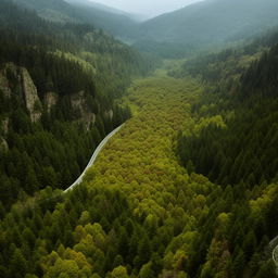 A frontal view of a long freeway, gracefully winding its way through a densely forested landscape with colossal, moss-covered boulders lining its sides.