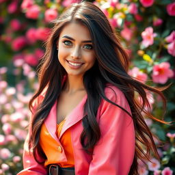 A stunning portrait of a beautiful young woman inspired by Emilia Mernes, featuring long flowing dark hair, captivating green eyes, and a radiant smile