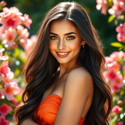 A stunning portrait of a beautiful young woman inspired by Emilia Mernes, featuring long flowing dark hair, captivating green eyes, and a radiant smile