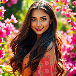 A stunning portrait of a beautiful young woman inspired by Emilia Mernes, featuring long flowing dark hair, captivating green eyes, and a radiant smile