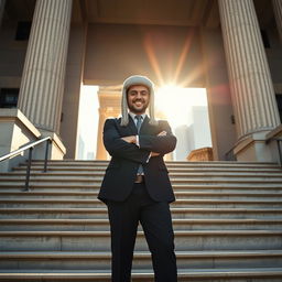 A confident barrister standing triumphantly on the grand steps of a New York City courthouse, wearing a classic black suit and a traditional barrister's wig