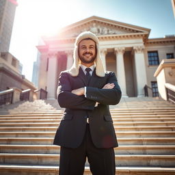 A confident barrister standing triumphantly on the grand steps of a New York City courthouse, wearing a classic black suit and a traditional barrister's wig