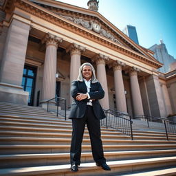 A confident barrister standing triumphantly on the grand steps of a New York City courthouse, wearing a classic black suit and a traditional barrister's wig