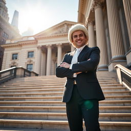 A confident barrister standing triumphantly on the grand steps of a New York City courthouse, wearing a classic black suit and a traditional barrister's wig