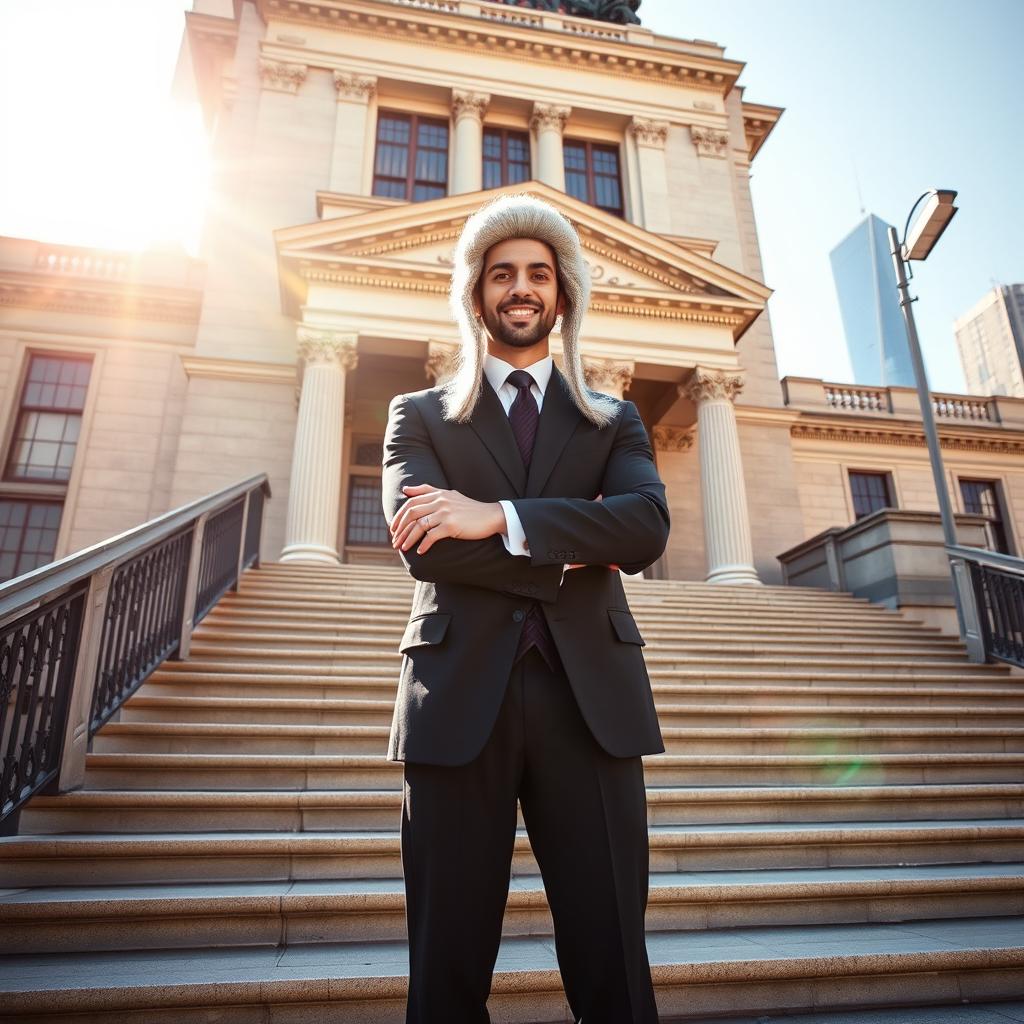 A confident barrister standing triumphantly on the grand steps of a New York City courthouse, wearing a classic black suit and a traditional barrister's wig
