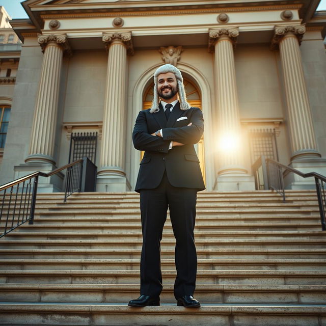 A confident barrister standing triumphantly on the grand steps of a New York City courthouse, wearing a classic black suit and a traditional barrister's wig