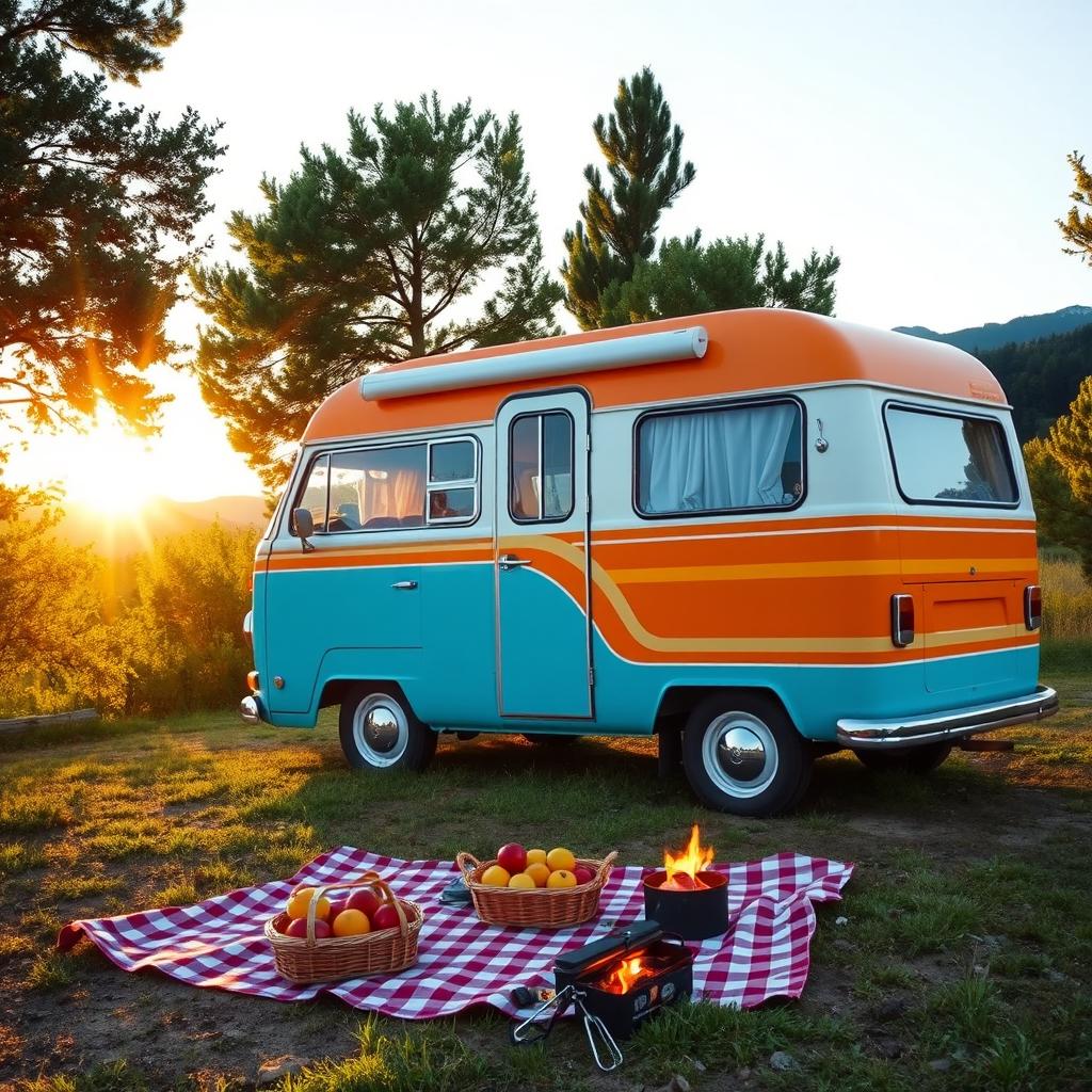 A colorful and cozy campervan parked in a scenic natural setting, surrounded by lush green trees and a clear blue sky