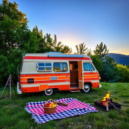 A colorful and cozy campervan parked in a scenic natural setting, surrounded by lush green trees and a clear blue sky