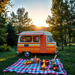 A colorful and cozy campervan parked in a scenic natural setting, surrounded by lush green trees and a clear blue sky