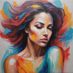 Generate a unique and creative painting that depicts the power of women. Use abstract forms, unconventional colors, and dynamic structures to symbolize their strength, resilience and empowering essence.