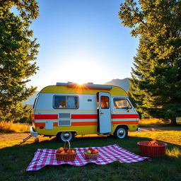 A colorful and cozy campervan parked in a scenic natural setting, surrounded by lush green trees and a clear blue sky