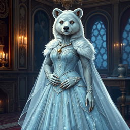 An elegant bear humanoid noblewoman in her 40s, known as Lady Seraphine Winterhart, standing confidently in a lavishly decorated room of Auroralith