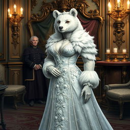 An elegant bear humanoid noblewoman in her 40s, known as Lady Seraphine Winterhart, standing confidently in a lavishly decorated room of Auroralith