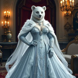 An elegant bear humanoid noblewoman in her 40s, known as Lady Seraphine Winterhart, standing confidently in a lavishly decorated room of Auroralith