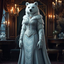 An elegant bear humanoid noblewoman in her 40s, known as Lady Seraphine Winterhart, standing confidently in a lavishly decorated room of Auroralith