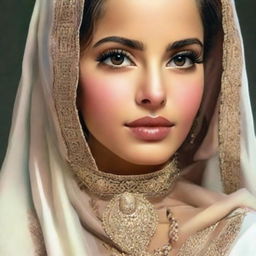 Portrait of an Arabic girl named Stephanie, her features a harmonious blend of traditional and contemporary elements. She exudes grace and confidence.