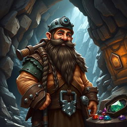 A stout dwarven miner named Bromir Stoneaxe, characterized by his long braided beard and a friendly demeanor