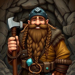 A stout dwarven miner named Bromir Stoneaxe, characterized by his long braided beard and a friendly demeanor