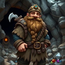 A stout dwarven miner named Bromir Stoneaxe, characterized by his long braided beard and a friendly demeanor