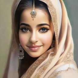 Portrait of an Arabic girl named Stephanie, her features a harmonious blend of traditional and contemporary elements. She exudes grace and confidence.