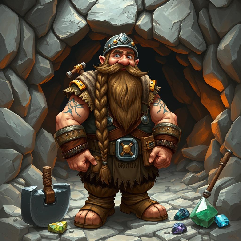 A stout dwarven miner named Bromir Stoneaxe, characterized by his long braided beard and a friendly demeanor