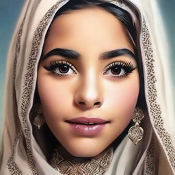 Portrait of an Arabic girl named Stephanie, her features a harmonious blend of traditional and contemporary elements. She exudes grace and confidence.