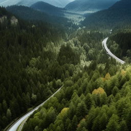 A frontal view of a long freeway, gracefully winding its way through a densely forested landscape with colossal, moss-covered boulders lining its sides.