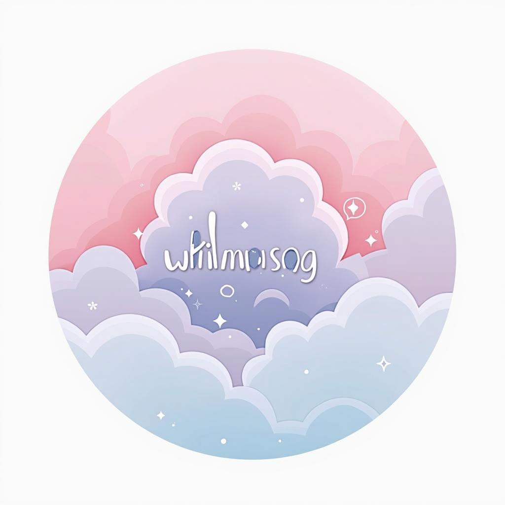 A circular pink, lilac, blue pastel-toned logo that incorporates a simple whimsical cloud with swirls, soft text spelling out 'whimsy'