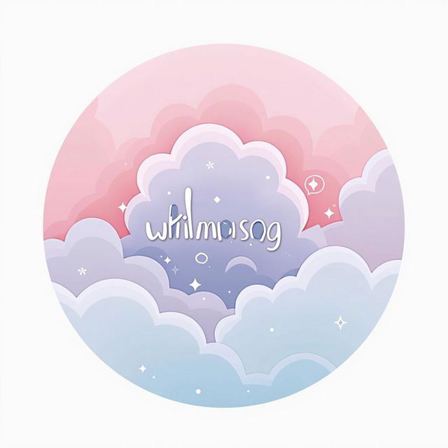 A circular pink, lilac, blue pastel-toned logo that incorporates a simple whimsical cloud with swirls, soft text spelling out 'whimsy'