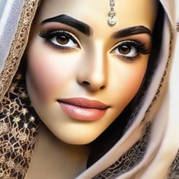 Portrait of an Arabic girl named Stephanie, her features a harmonious blend of traditional and contemporary elements. She exudes grace and confidence.