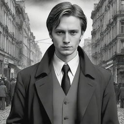 Create a manga cover for the novel, Crime and Punishment, showcasing the protagonist, Raskolnikov, in the city of Saint Petersburg. Capture the moral dilemmas and psychological drama present in the literature.