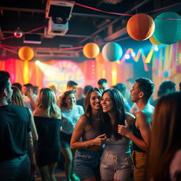 A vibrant party scene featuring a lively atmosphere, with colorful decorations and people enjoying themselves