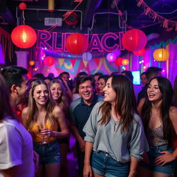 A vibrant party scene featuring a lively atmosphere, with colorful decorations and people enjoying themselves