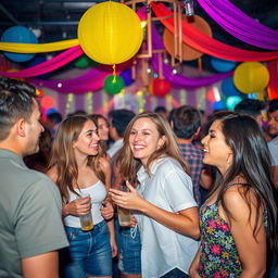 A vibrant party scene featuring a lively atmosphere, with colorful decorations and people enjoying themselves