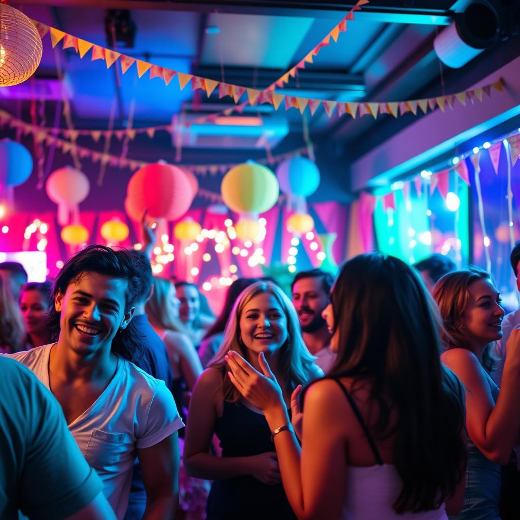 A vibrant party scene featuring a lively atmosphere, with colorful decorations and people enjoying themselves