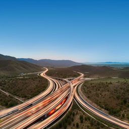 A sweeping, multi-lane freeway coursing through a diverse landscape, bustling with traffic under a wide, open sky.